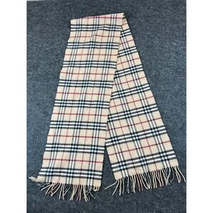 Burberry London Lambswool Scarf Womens Beige Tan Plaid Fringed Winter Preppy